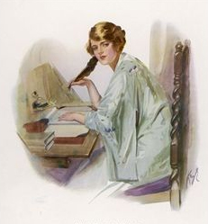 Lady Sits at Her Desk Writing with a Quill Pen